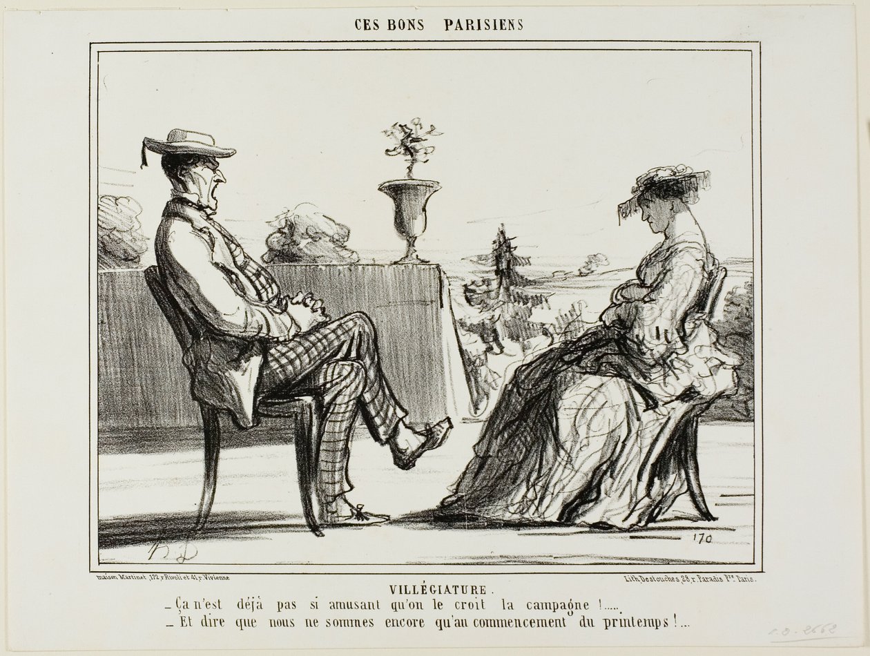 Vacaciones en el campo. "- La vida en el campo no es tan entretenida, como dicen todos. - Y pensar que la primavera acaba de empezar," plato 14 de Ces Bons Parisiens de Honoré Victorin Daumier