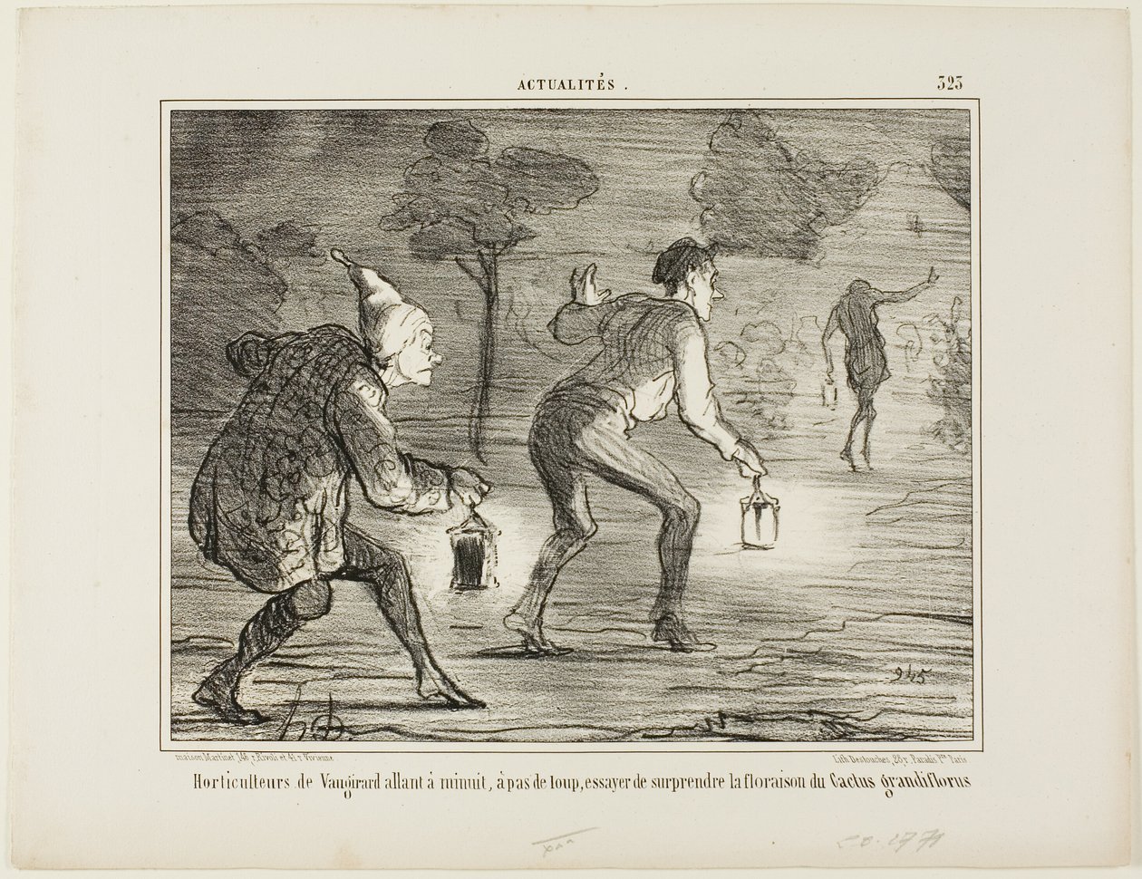 Horticultores de Nanterre caminando de puntillas a medianoche hacia el cactus grandiflorus para sorprenderlo en su floración, lámina 323 de Actualités de Honoré Victorin Daumier