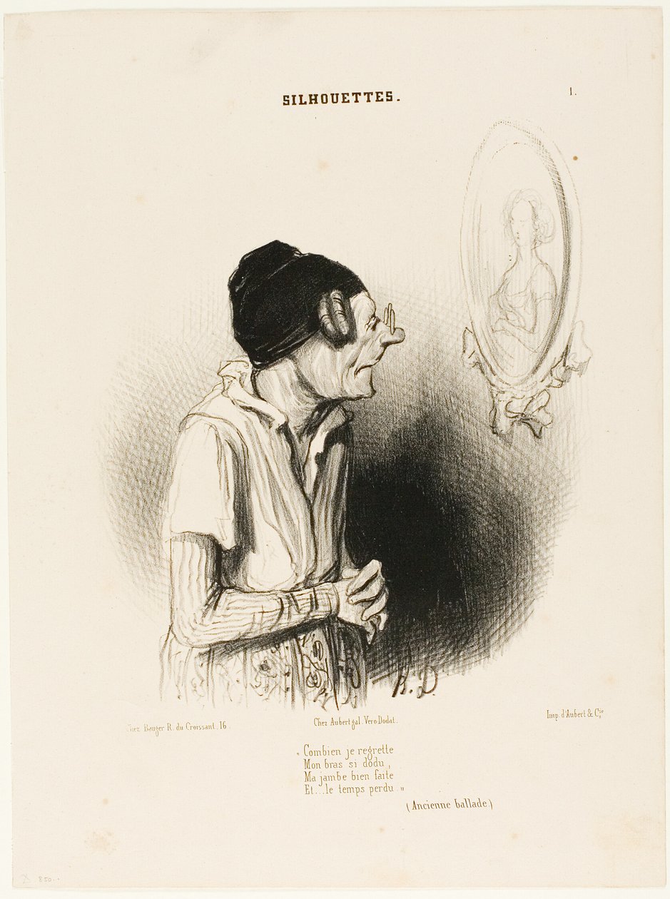 "Cuánto lamento Mis brazos una vez tan fuertes, mis piernas nunca gordas y nada salió mal" (una antigua canción), lámina 1 de Siluetas de Honoré Victorin Daumier