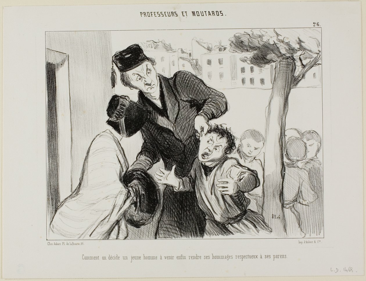 Cómo convencer a un joven para que aprenda por fin a mostrar respeto a sus padres, lámina 26 de Professeurs et Moutards (Profesores y bribones) de Honoré Victorin Daumier