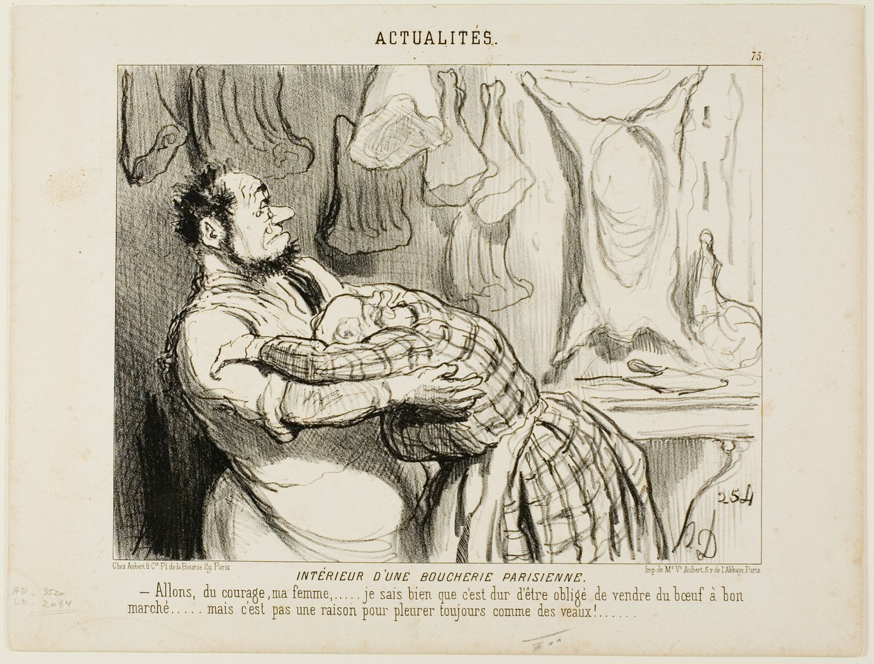 Dentro de una carnicería en París. "Vamos querida..... Sé que es difícil vender nuestra carne de vacuno tan barata como en ..... pero eso no es motivo para llorar como un ternero", plato 75 de Actualités de Honoré Victorin Daumier
