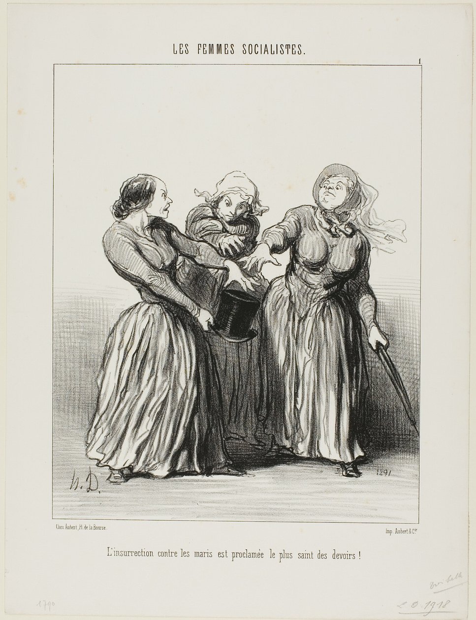 Se proclama la insurrección contra los maridos como el primer y más sagrado deber de la vida", lámina 1 de Les Femmes Socialistes. de Honoré Victorin Daumier
