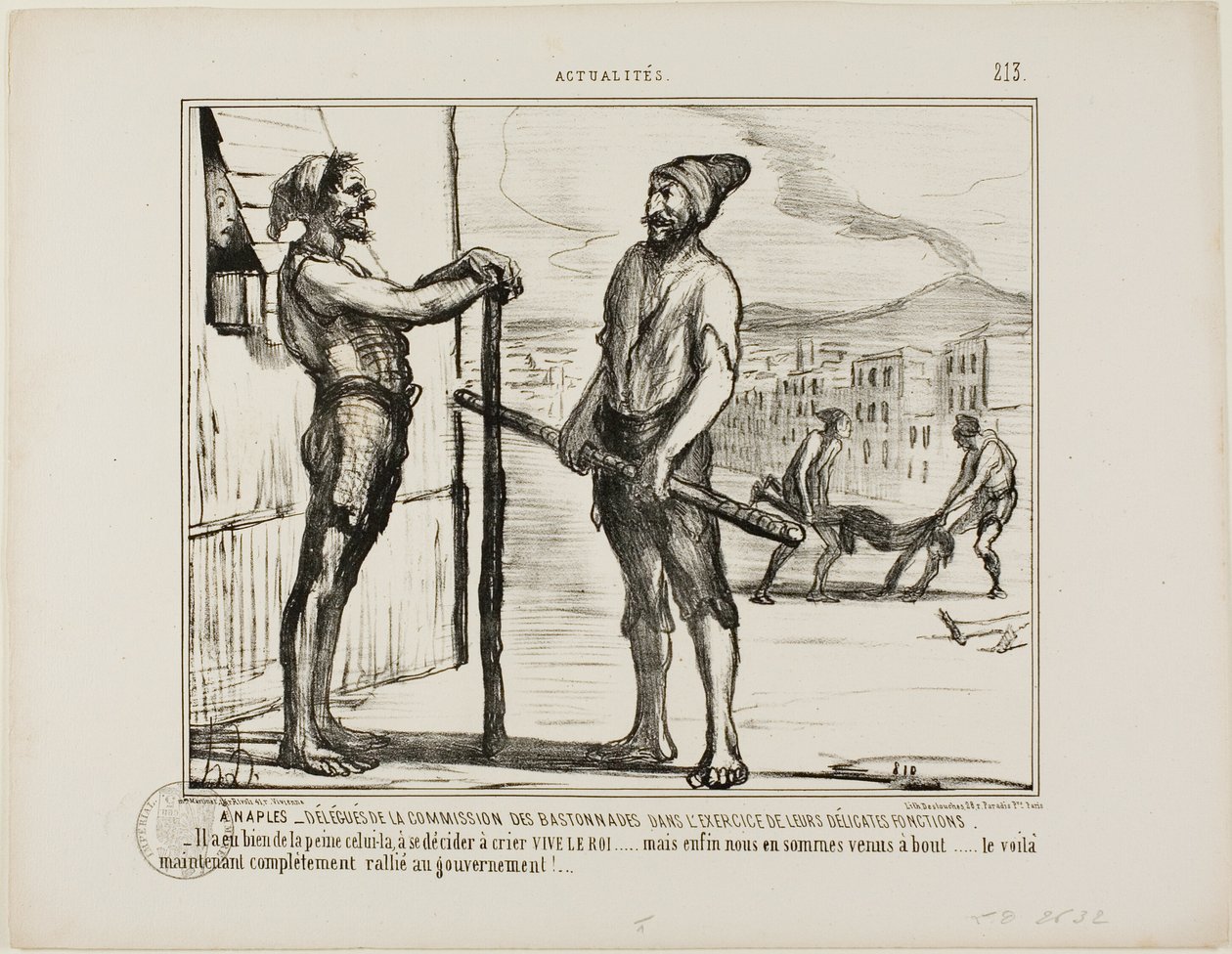 Nápoles. - La Comisión de Bastonadas durante su delicado trabajo. "- Costó convencer a éste de que gritara: "¡VIVA EL REY!"... pero al fin llegamos al fondo... y ahora está completamente a favor del Gobierno...", placa 213 de Actu de Honoré Victorin Daumier