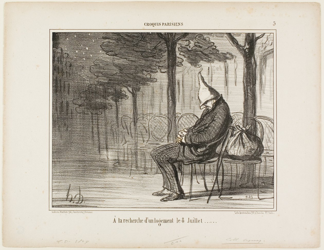Buscando un alojamiento para la noche del 8 de julio, placa 5 de Croquis Parisiens de Honoré Victorin Daumier