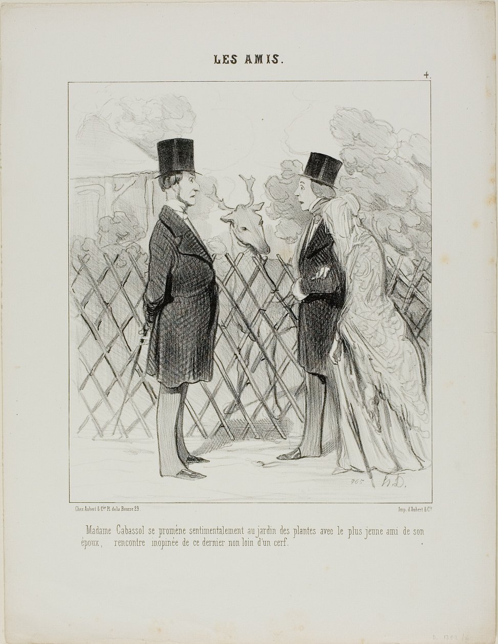 Madame Cabassol dando un paseo romántico por el jardín botánico con la amiga más joven de su marido. Encuentro repentino con este último no lejos de un ciervo, lámina 4 de Les Amis de Honoré Victorin Daumier