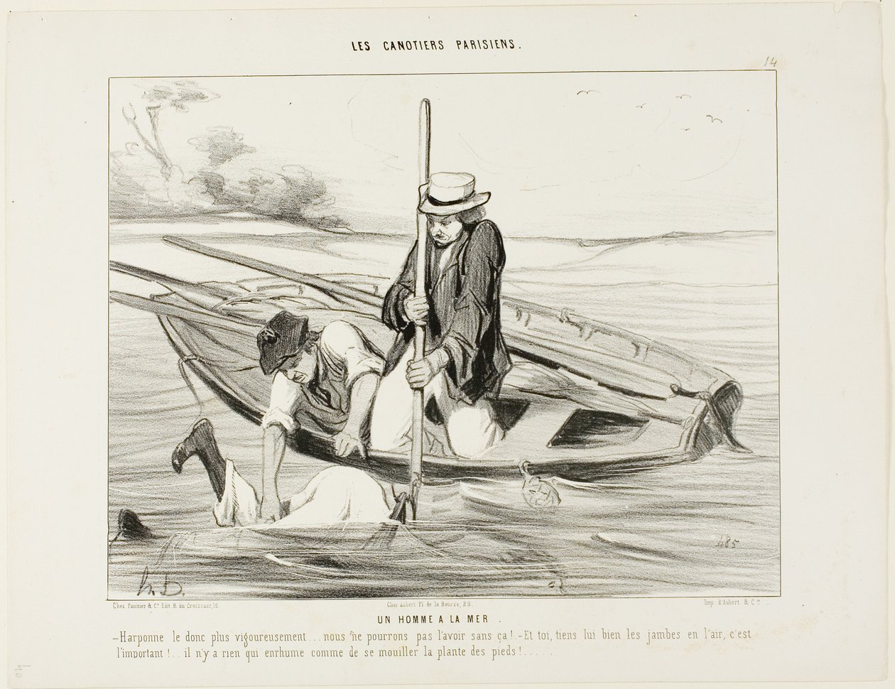 ¡Hombre al agua! "- ¡Arponémoslo más firmemente!.... ¡no podemos cogerlo de otra manera! Y tú, mantén sus piernas en el aire, eso es muy importante.... No hay nada en el mundo que te haga coger un resfriado más rápido que mojarte los pies", plato 14 de Les de Honoré Victorin Daumier