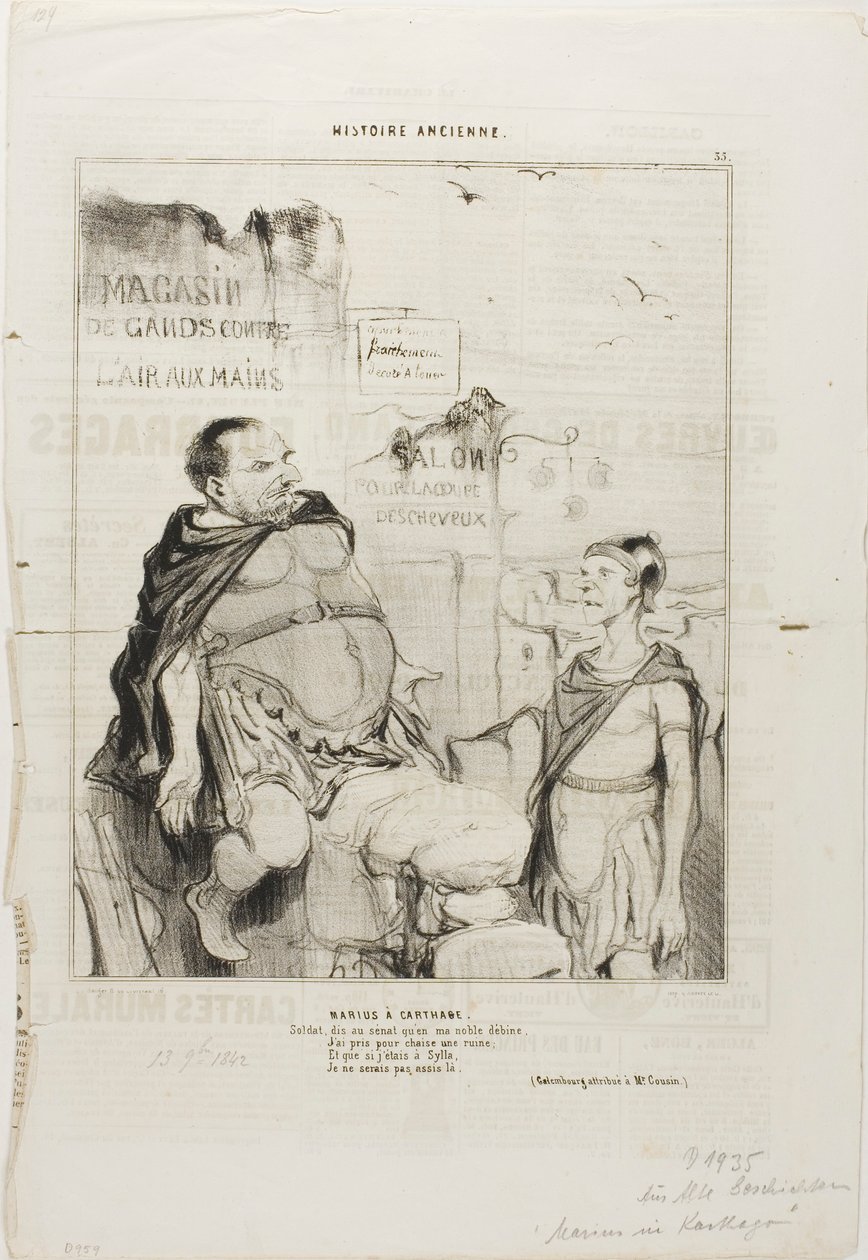 Marius en Cartago. Soldado, di al senado que en mi noble pobreza he tomado por silla una ruina Y si estuviera en Sylla no estaría aquí sentado. (Juego de palabras atribuido a M. Cousin), lámina 35 de Histoire Ancienne de Honoré Victorin Daumier