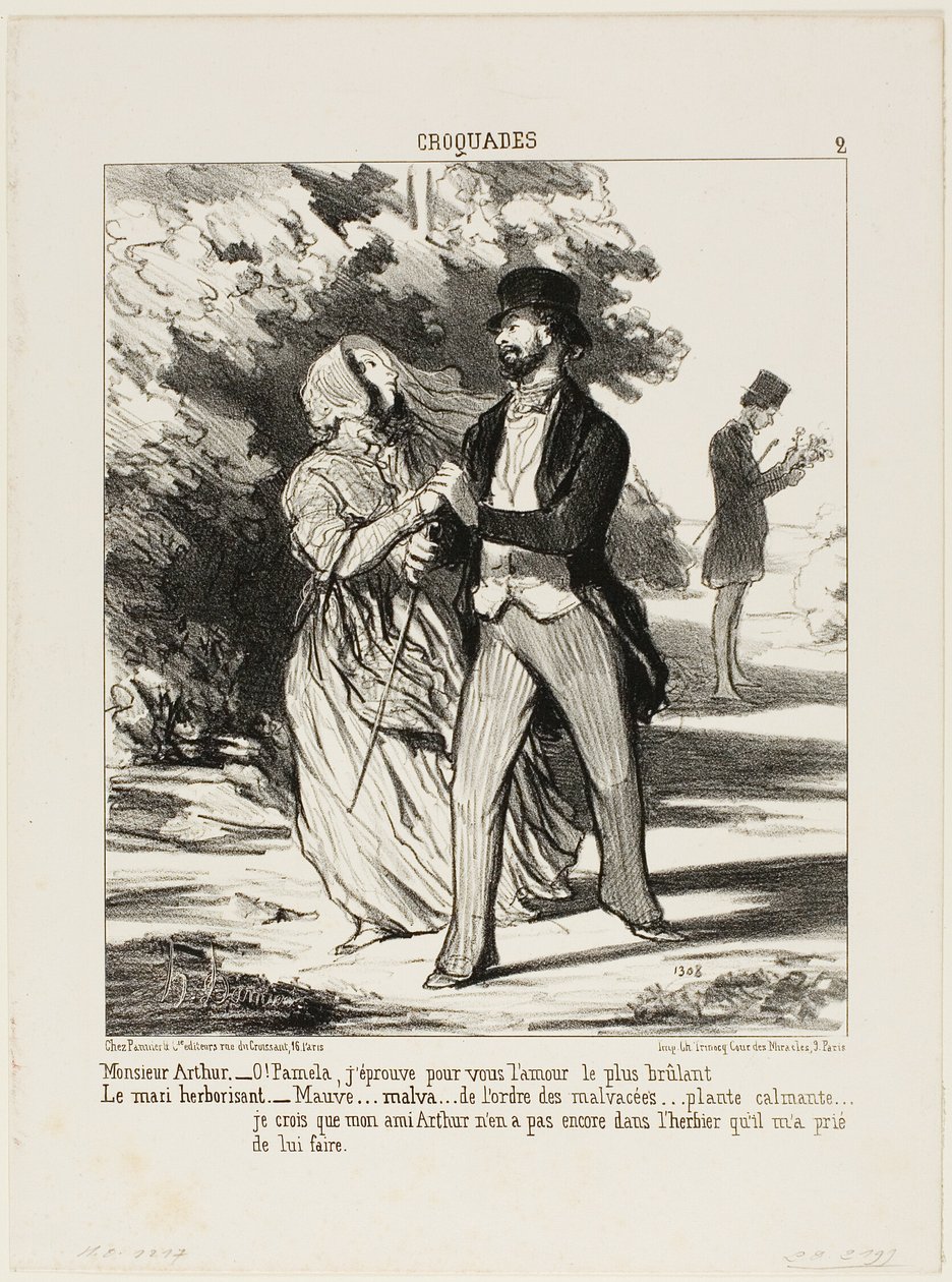 Monsieur Arthur: "- ¡Oh Pamela! Ardo de amor por ti!" El marido herbolario: "- Una malva... de la familia de las Malváceas... un sedante... No creo que mi amigo Arthur tenga este espécimen en el herbario que me pidió que construyera para él," plato 2 fro de Honoré Victorin Daumier