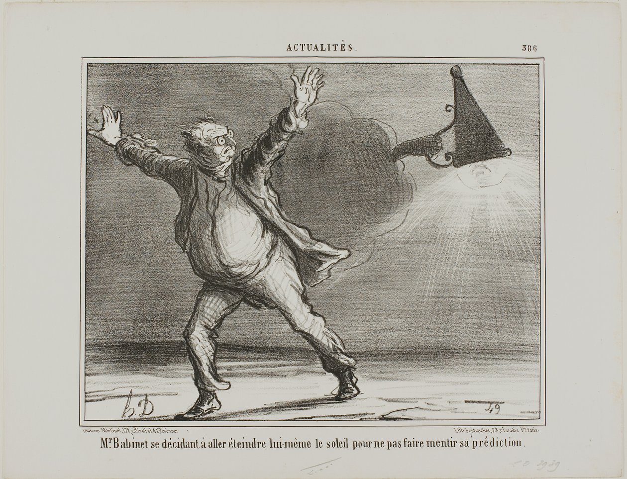 Monsieur Babinet decide apagar personalmente el sol para que se cumplan sus predicciones, plancha 386 de Actualités de Honoré Victorin Daumier