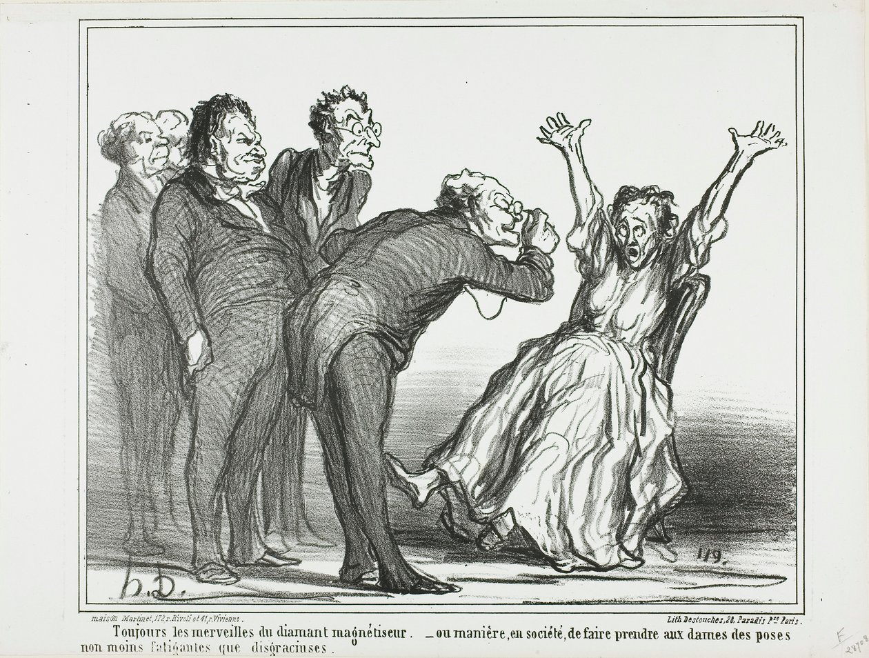 Más maravillas del hipnotizador de diamantes. O, cómo hacer que las damas posen en sociedad en posturas agotadoras y poco agraciadas, plato 137 de Actualités de Honoré Victorin Daumier