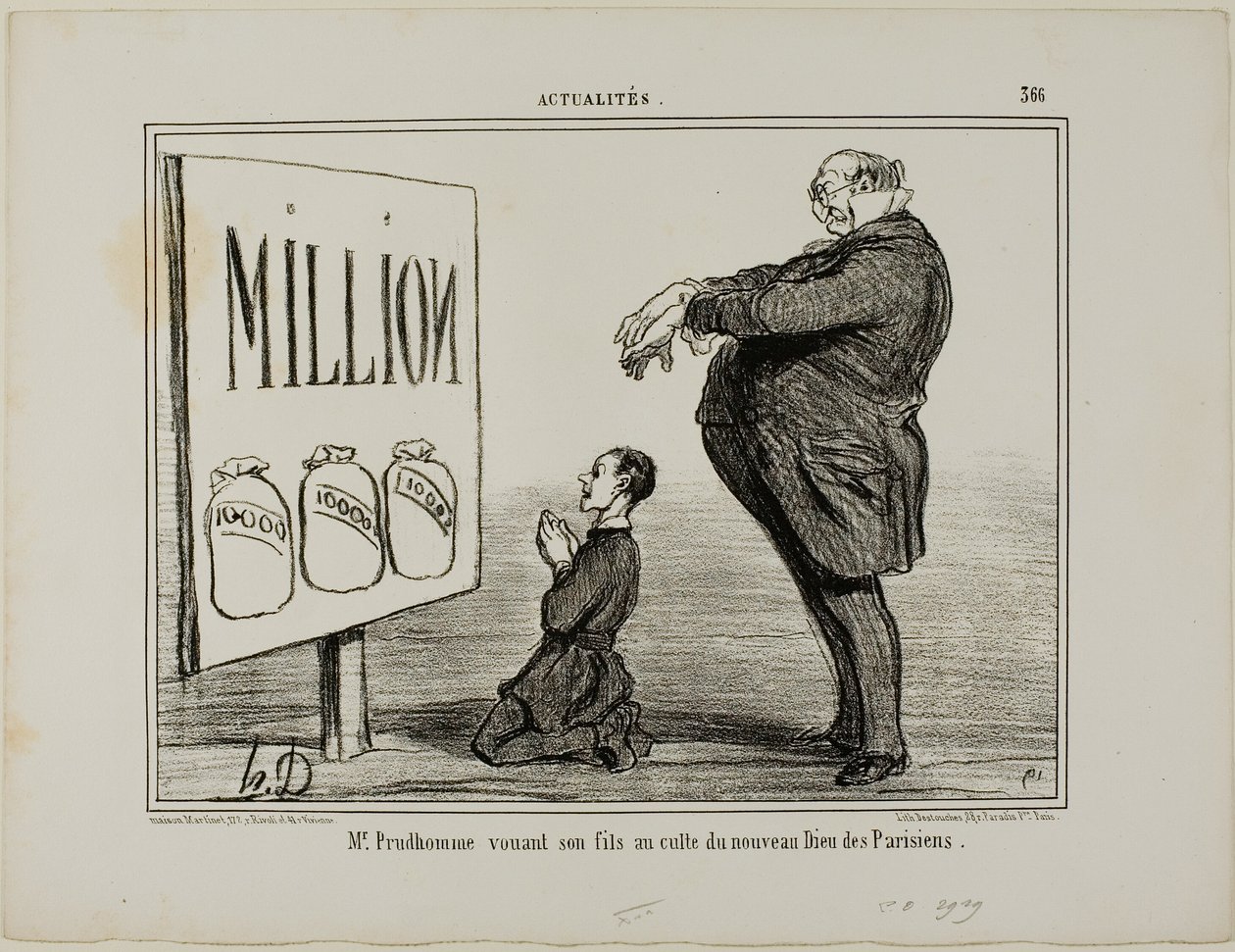 El Sr. Prudhomme dedicando su hijo al nuevo Dios de los parisinos, lámina 366 de Actualités de Honoré Victorin Daumier