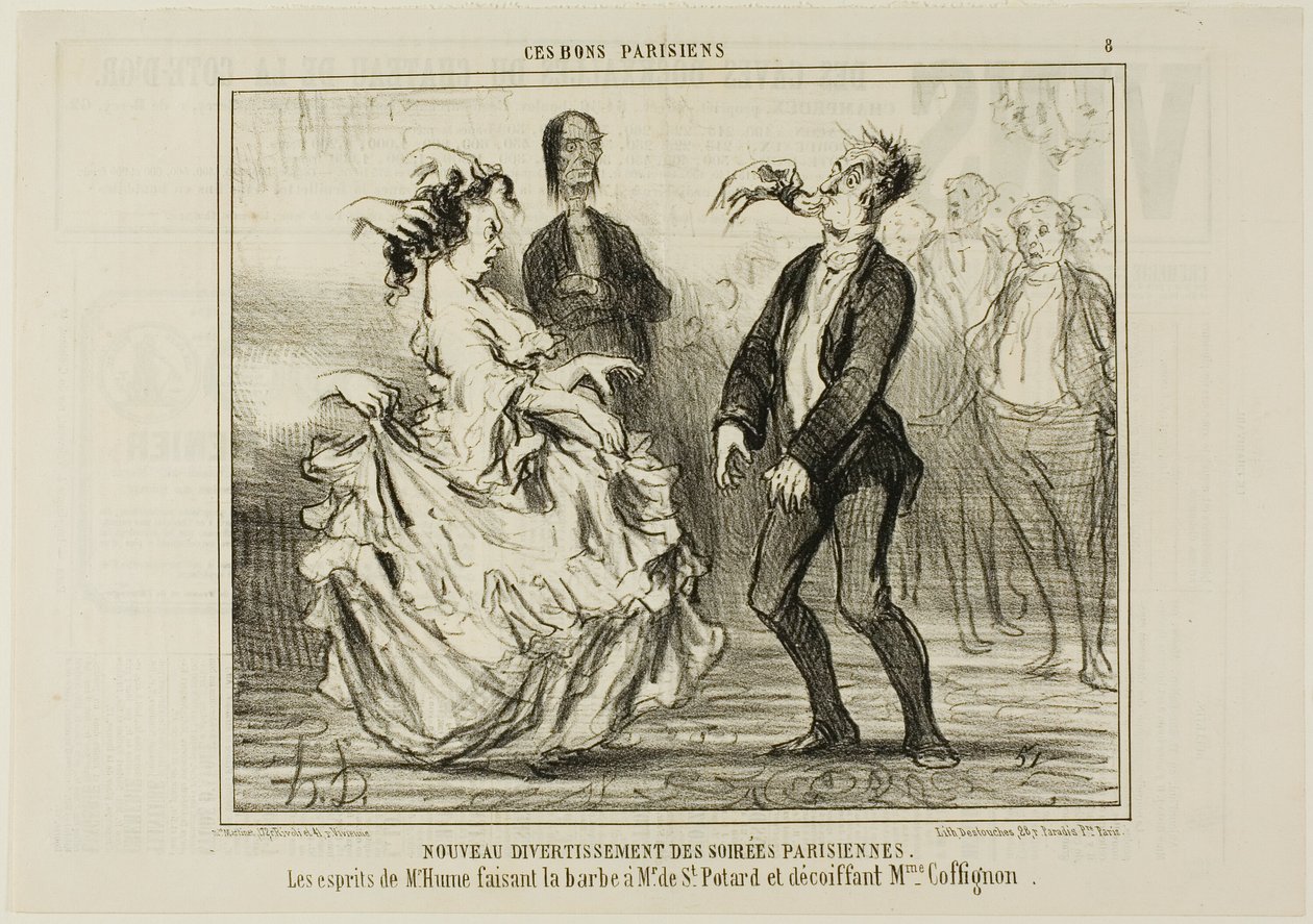 Nuevo entretenimiento en las veladas parisinas. El espíritu del Sr. Hume afeitando la barba del Sr. de St. Potard y despeinando a Madame Coffignon, lámina 8 de Ces Bons Parisiens. de Honoré Victorin Daumier
