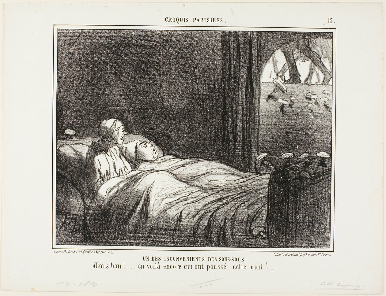 Una de las desventajas de vivir en el sótano. "Mira, aquí hay algunas más que crecieron anoche...", lámina 15 de Croquis Parisiens. de Honoré Victorin Daumier