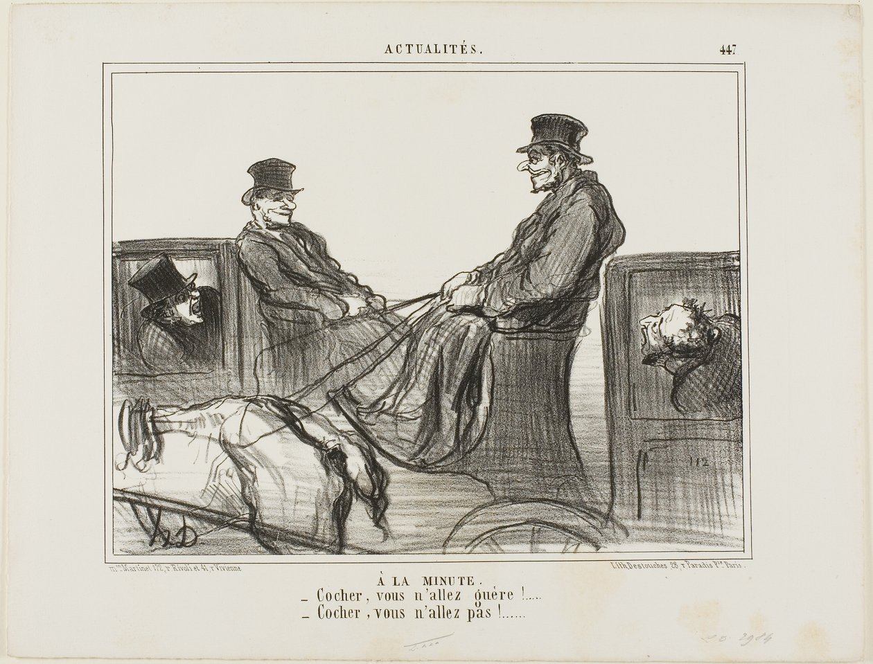 Pagado por minutos. "- ¡Conductor, apenas se mueve! - Conductor, ¡no se mueve nada!", placa 447 de Actualités de Honoré Victorin Daumier