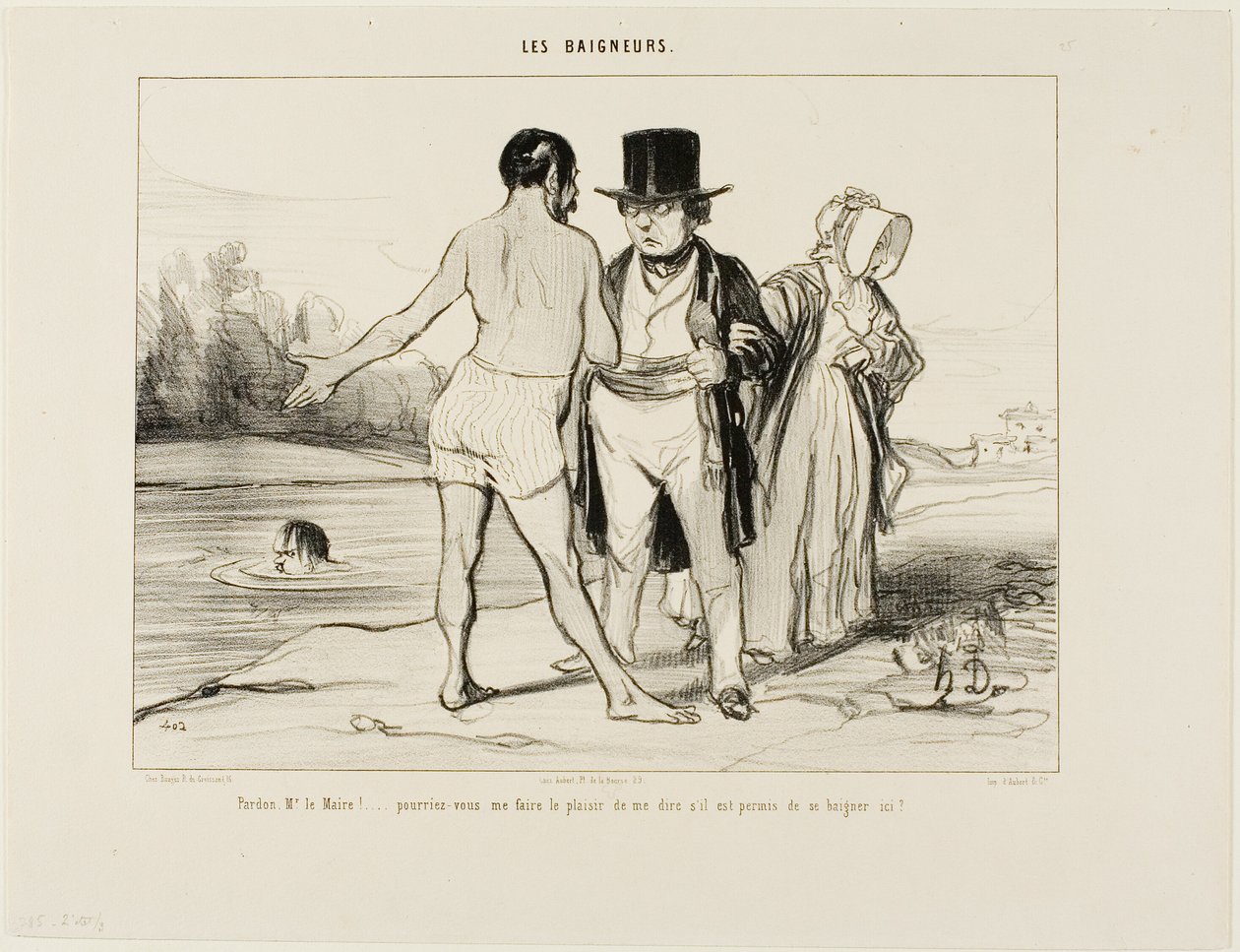 "Disculpe, Mayor.... ¿sería tan amable de decirme si está permitido nadar aquí", plato 25 de Les Baigneurs. de Honoré Victorin Daumier