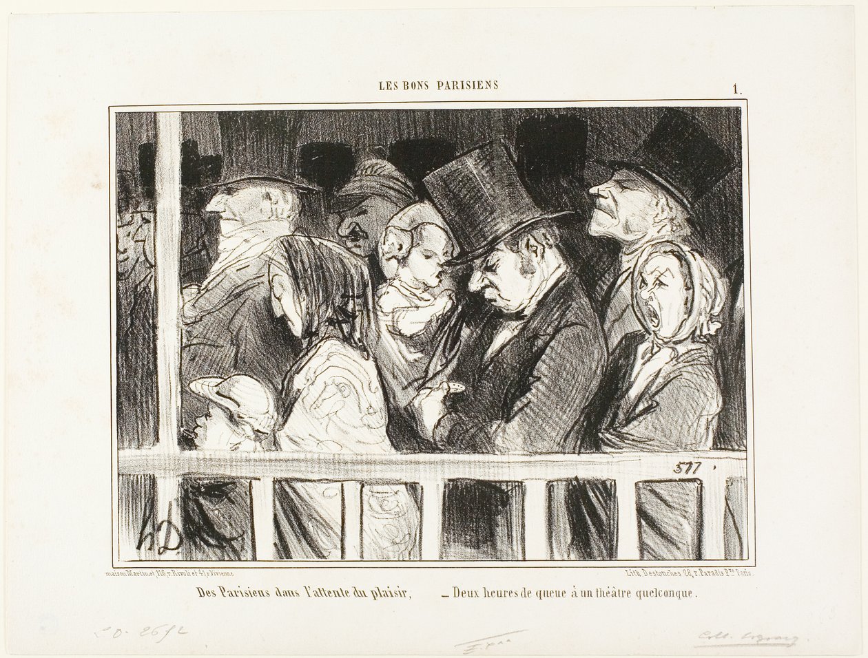 Parisinos con ganas de diversión. Haciendo cola durante dos horas delante de cualquier teatro de la ciudad, la placa 1 de Les Bons Parisiens de Honoré Victorin Daumier