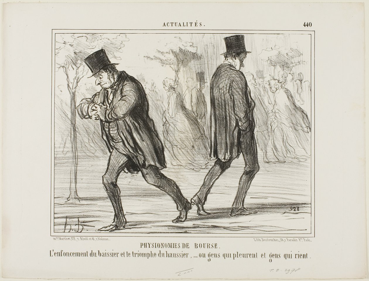 Fisonomía de la Bolsa. La desesperación del baissier y el triunfo del haussier - o el llanto y la risa, plato 440 de Actualités de Honoré Victorin Daumier