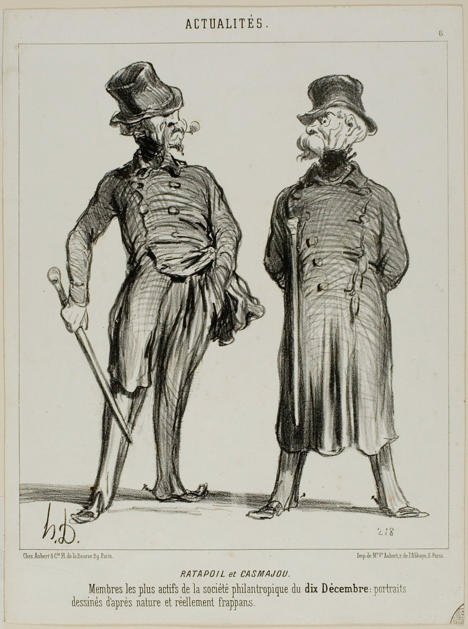 Ratapoil y Casmajou. Los miembros más activos de la sociedad filantrópica del 10 de diciembre: los retratos están tomados del natural y son de un parecido sorprendente, lámina seis de Actualités de Honoré Victorin Daumier