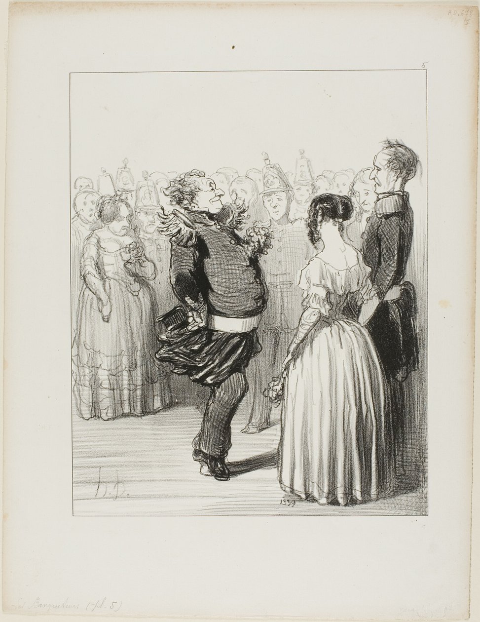 Rifolard abre el balón y ejecuta un audaz paso de baile hacia delante, que recibe elogios generalizados, placa 5 de Les Banqueteurs de Honoré Victorin Daumier