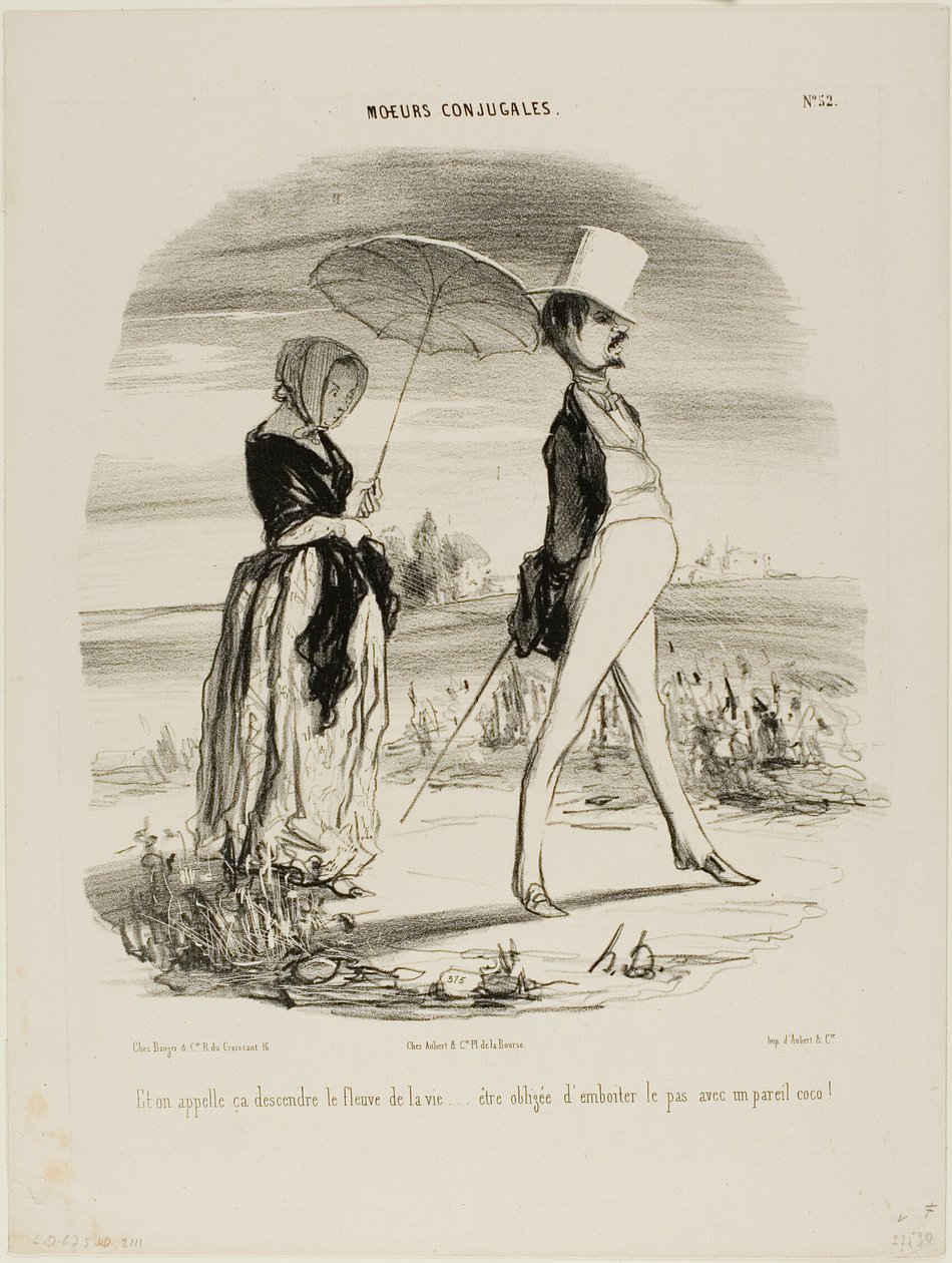 "Así que esto es lo que se llama seguir la corriente de la vida..... ser obligado a marchar al paso de un tonto!", placa 52 de Moeurs Conjugales de Honoré Victorin Daumier