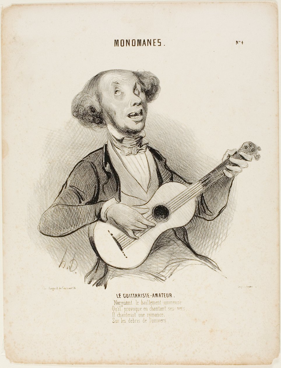 El guitarrista aficionado. Desafiando los bostezos de todos, Mientras canta su verso insignificante, Cantaría una canción de salón, Sobre las ruinas del universo...", lámina 4 de Monomanes. de Honoré Victorin Daumier