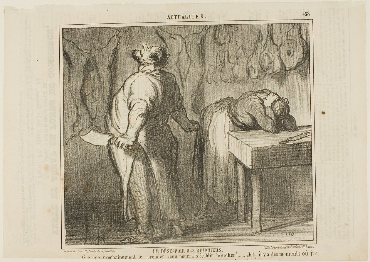La desesperación del carnicero. "- Imagínate: ¡Cualquiera puede establecerse como carnicero! Hay momentos en los que me dan ganas de coger mi picadora de carne y cortarme en dos mitades como una simple ternera", plato 458 de Actualités. de Honoré Victorin Daumier