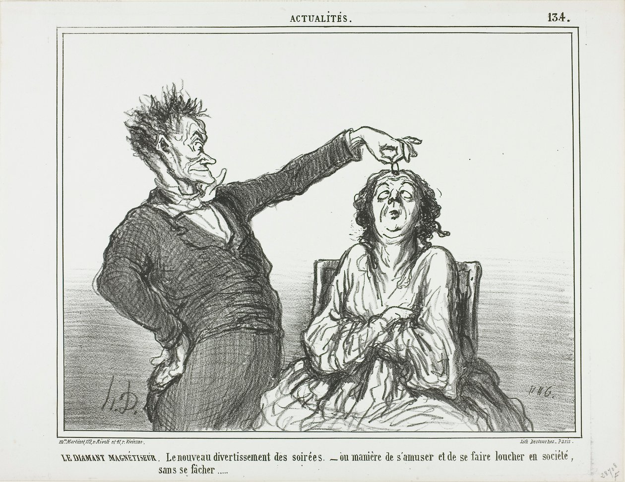 El hipnotizador de diamantes. Un nuevo pasatiempo en las fiestas nocturnas - o cómo divertirse y conseguir que alguien bizquee, sin meterse en líos, placa 134 de Actualités de Honoré Victorin Daumier
