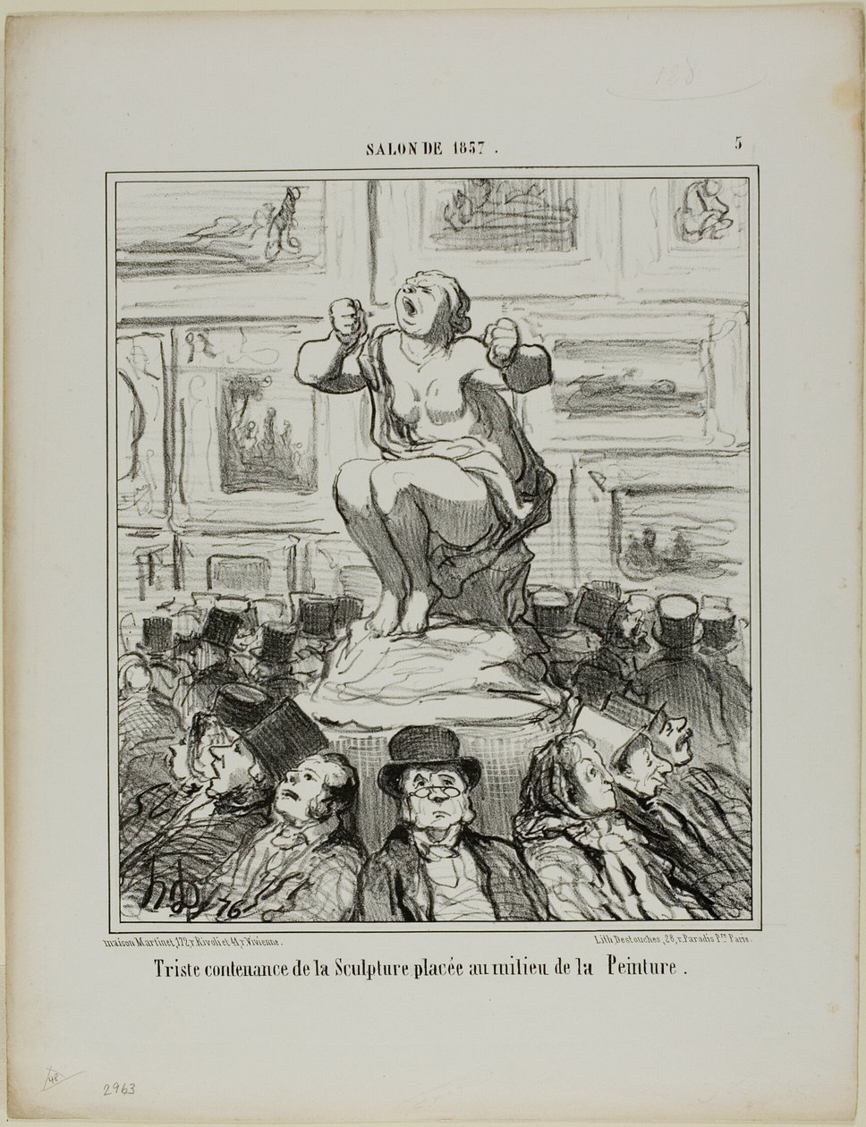 El disgusto de una escultura colocada en medio de una exposición de cuadros, lámina 5 del Salon De 1857 de Honoré Victorin Daumier