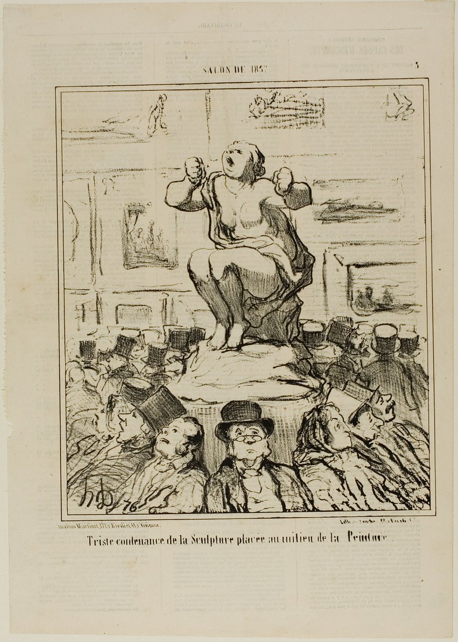 El disgusto de una escultura colocada en medio de una exposición de cuadros, lámina 5 del Salon De 1857 de Honoré Victorin Daumier