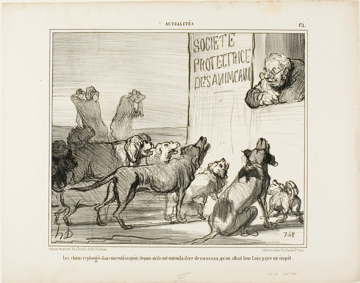 Los perros vuelven a desesperarse tras enterarse de que, después de todo, habrá un nuevo impuesto sobre las licencias caninas, placa 171 de Actualités de Honoré Victorin Daumier