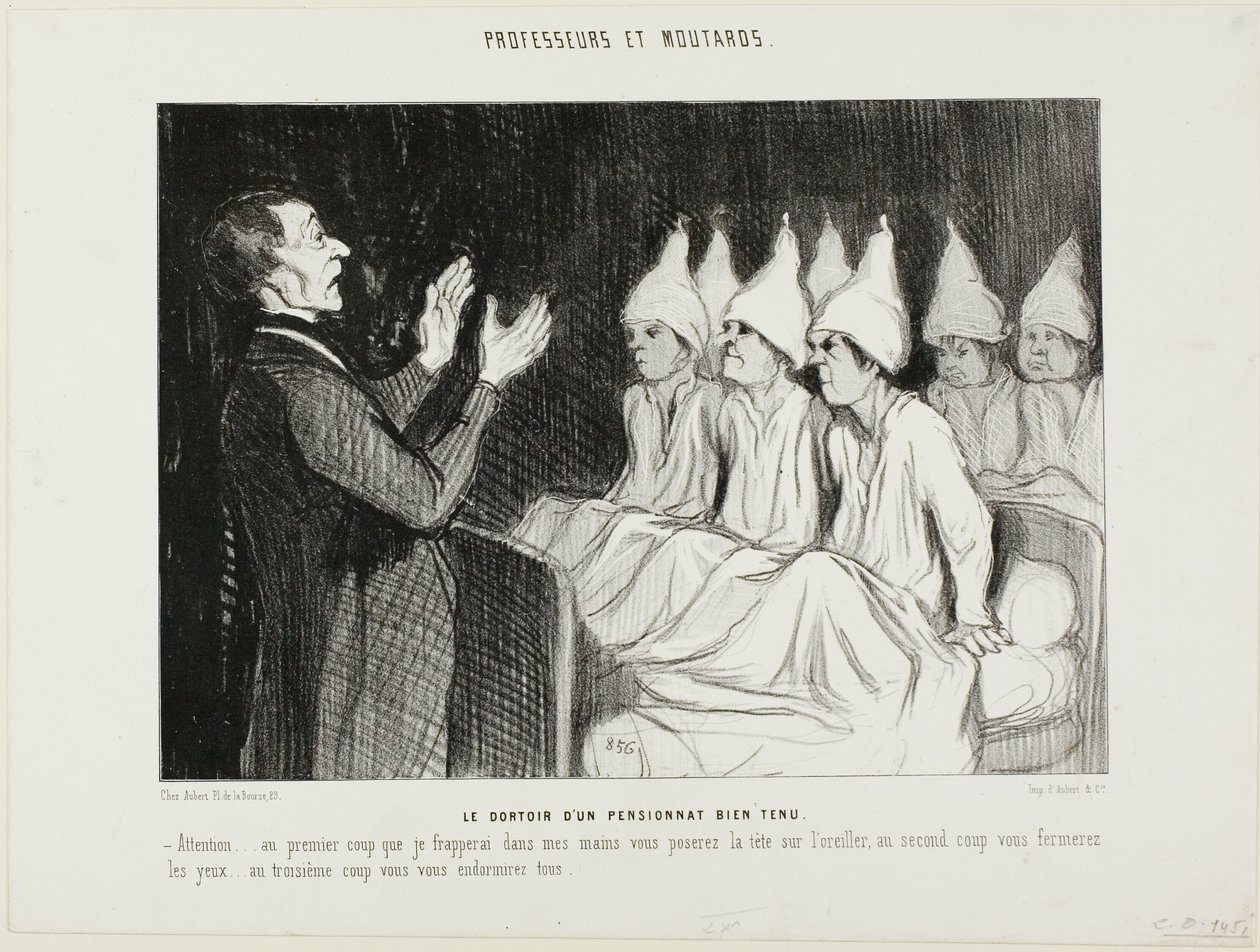El dormitorio de un distinguido internado, lámina 14 de Professeurs et Moutards (Profesores y bribones) de Honoré Victorin Daumier