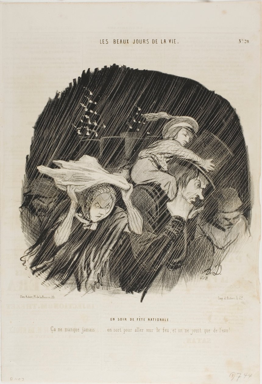La noche de la Fiesta Nacional. Nunca falla... sales a ver los fuegos artificiales, ¡y todo lo que consigues son fuegos artificiales!, plato 20 de Les Beaux Jours De La Vie de Honoré Victorin Daumier