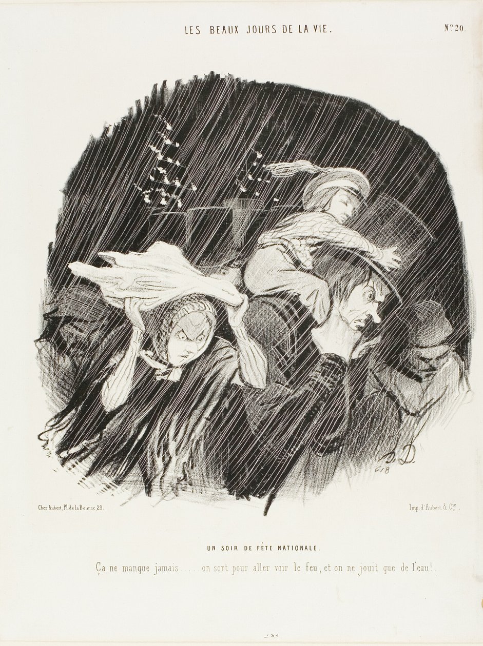 La noche de la Fiesta Nacional. Nunca falla... sales a ver los fuegos artificiales, ¡y todo lo que consigues son fuegos artificiales!, plato 20 de Los mejores días de la vida. de Honoré Victorin Daumier