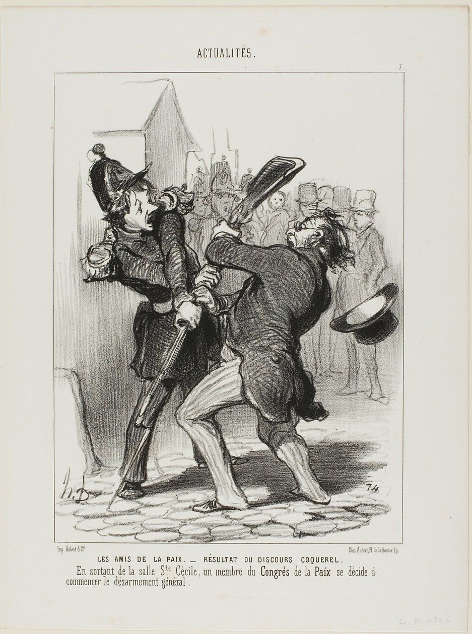 Los Amigos de la Paz - Resultado de un discurso de Coquerel. A la salida de la sala de Saint Cécilia, un miembro del congreso de la paz decide iniciar el desarme general, placa 7 de Actualités de Honoré Victorin Daumier