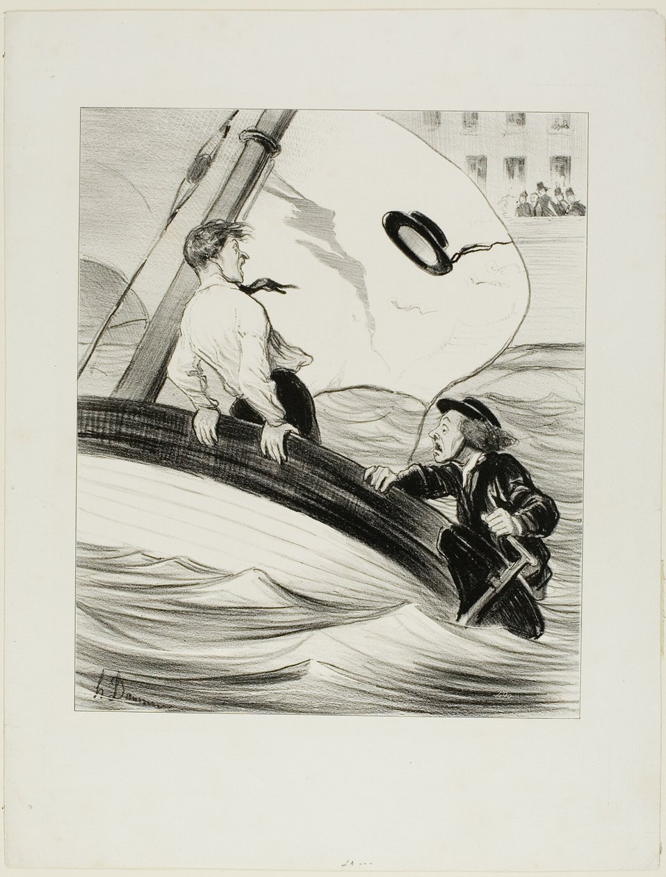 La ráfaga de viento. "- ¡Oh ráfaga! ¡He perdido mi sombrero! - No te preocupes.... como es de agua.... ¡no tendrás problema en recuperarlo en Rouen!", lámina 17 de Les Canotiers Parisiens. de Honoré Victorin Daumier