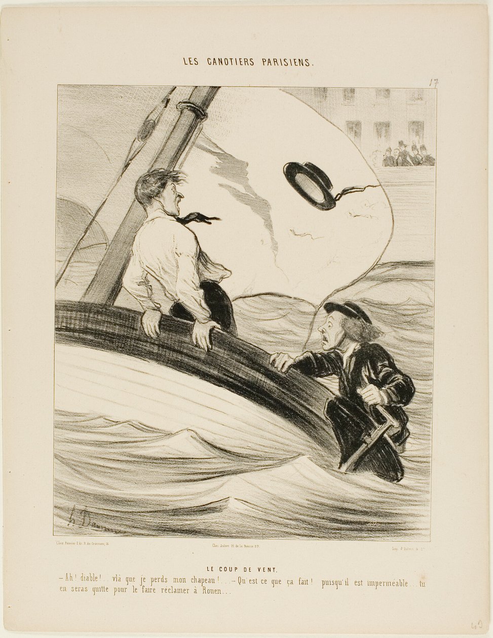 La ráfaga de viento. "- ¡Oh ráfaga! ¡He perdido mi sombrero! - No te preocupes.... como es de agua.... ¡no tendrás problema en recuperarlo en Rouen!", lámina 17 de Les Canotiers Parisiens. de Honoré Victorin Daumier