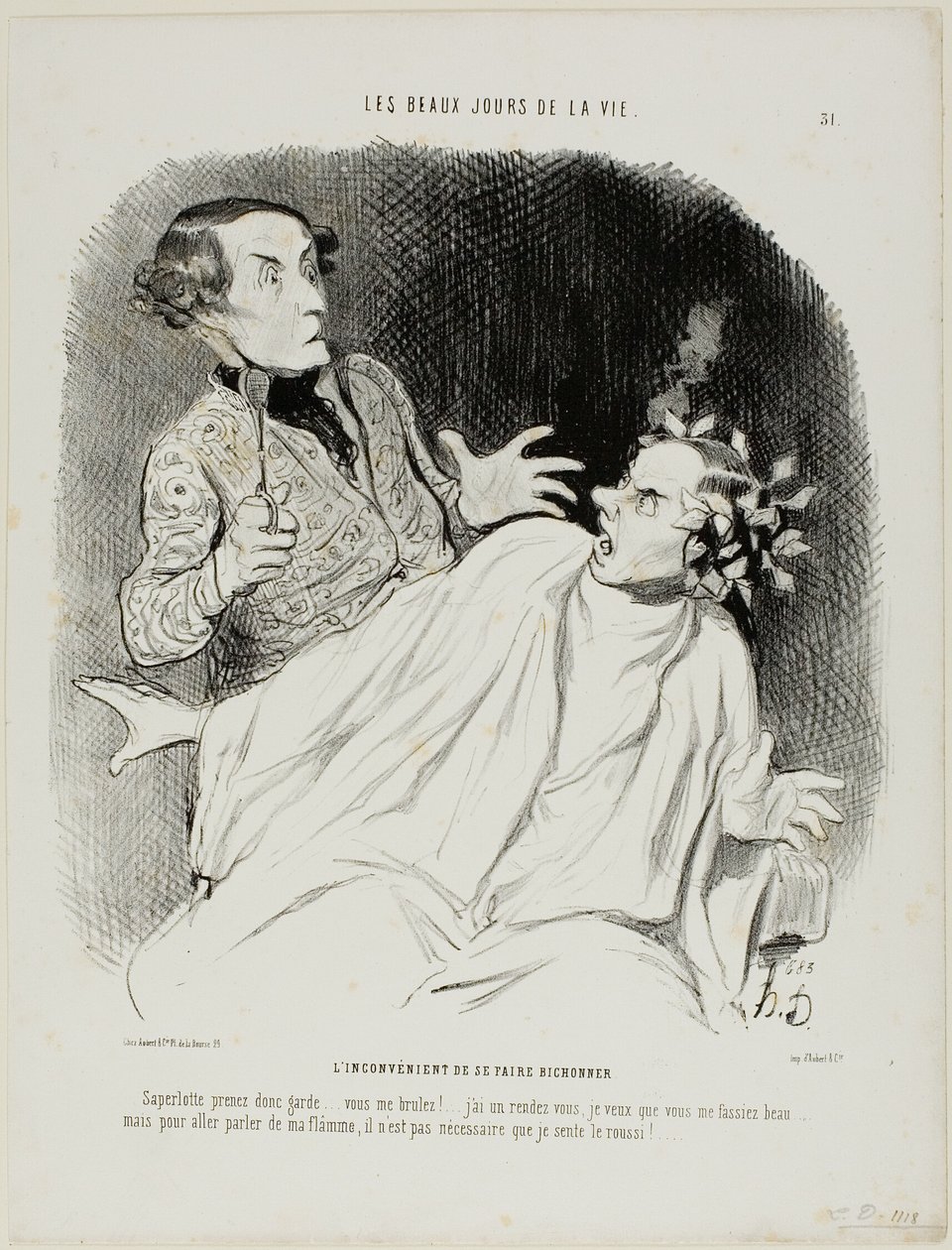 La inconveniencia de tener el pelo rizado. "Oh blast.... mira aquí, cuidado... me estás quemando.... He quedado con alguien y quiero que me hagas quedar bien....... pero para declarar mi ardiente pasión no necesito oler a chamusquina", plato 3 de Honoré Victorin Daumier