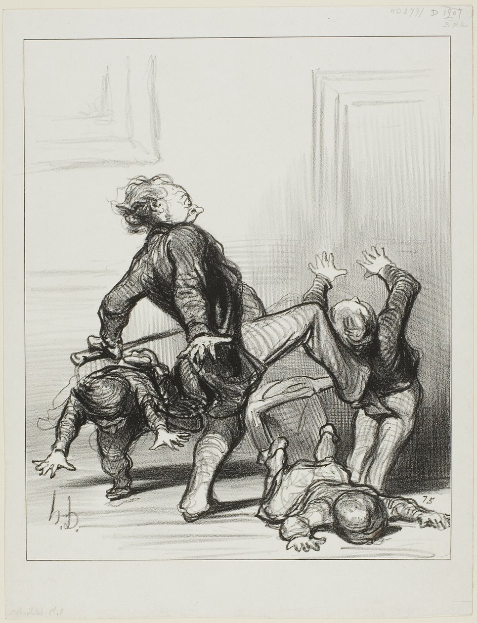 La influencia del Congreso de la Paz. "Oh sinvergüenzas, estáis peleando de nuevo... todavía no sabéis que el hombre debe vivir en paz y ser dueño de sí mismo", lámina 8 de Actualités. de Honoré Victorin Daumier