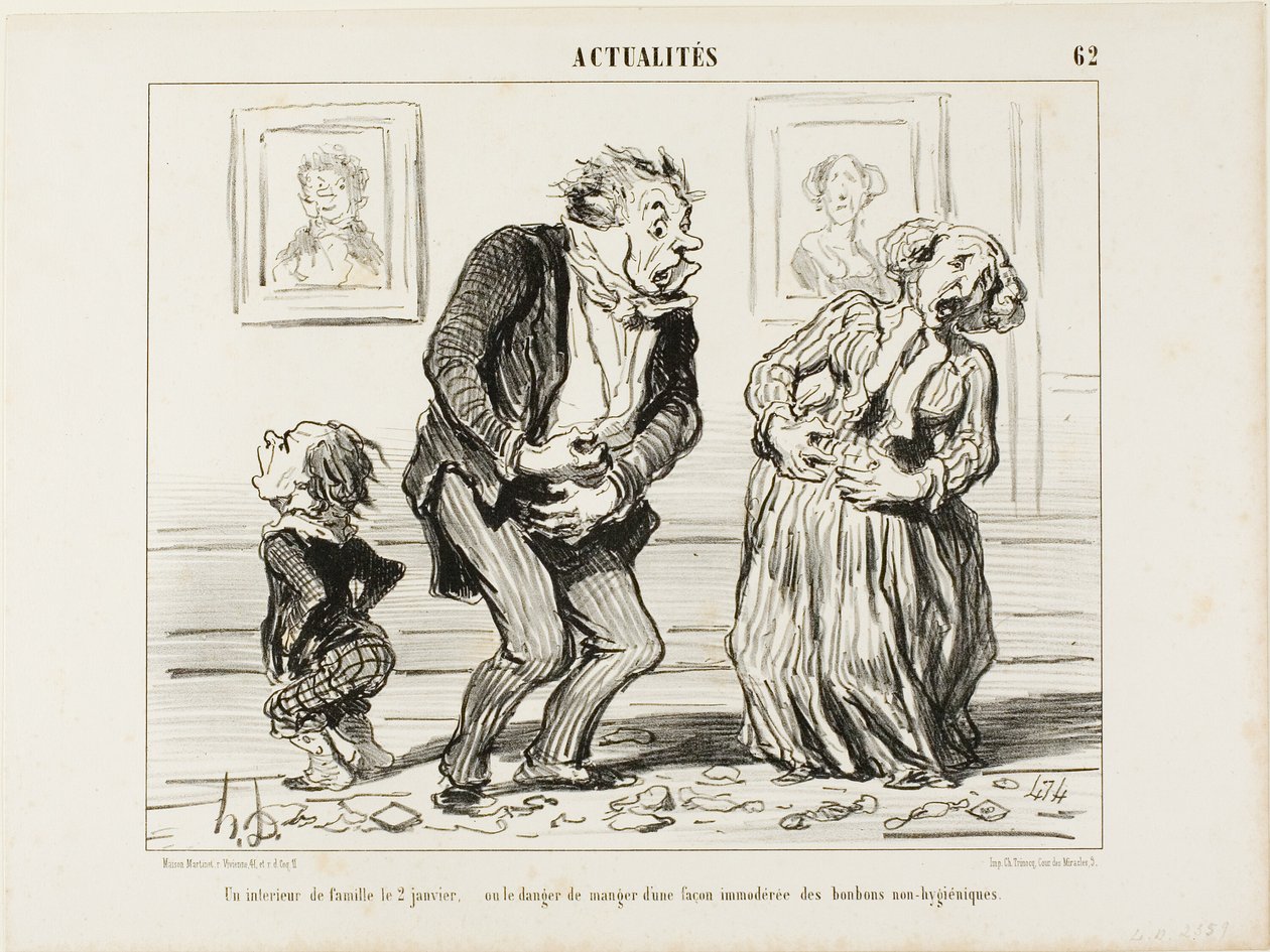 El interior de una familia el 2 de enero - o el peligro de consumir dulces inmoderadamente no higiénicos, lámina 62 de Actualités de Honoré Victorin Daumier