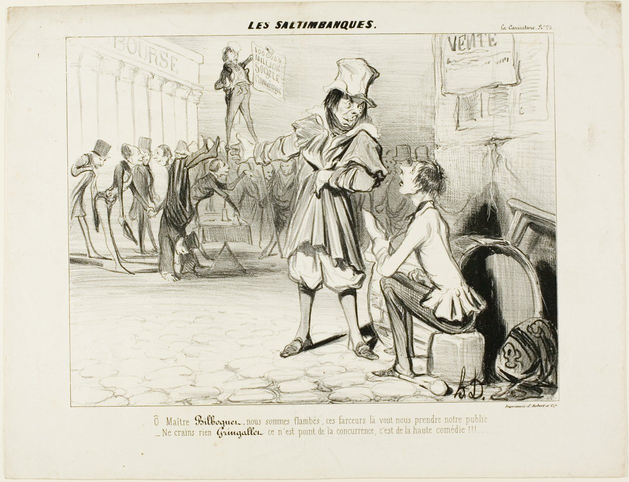 Los Mountebanks. "- Oh Maître Bilboquet, estamos hartos... ¡estos payasos nos van a robar el espectáculo! No se preocupe, Gringaillet, no son competencia, sólo son cómicos", de Les Saltimbanques. de Honoré Victorin Daumier