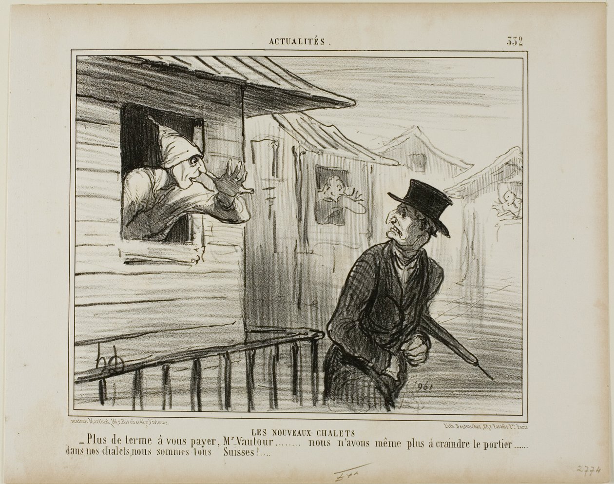 Los nuevos blocaos. "- Ya no hay que pagar alquileres, Monsieur Vautour... y ya no tememos al conserje..... en nuestros chalés todos somos suizos", plancha 332 de Actualités de Honoré Victorin Daumier