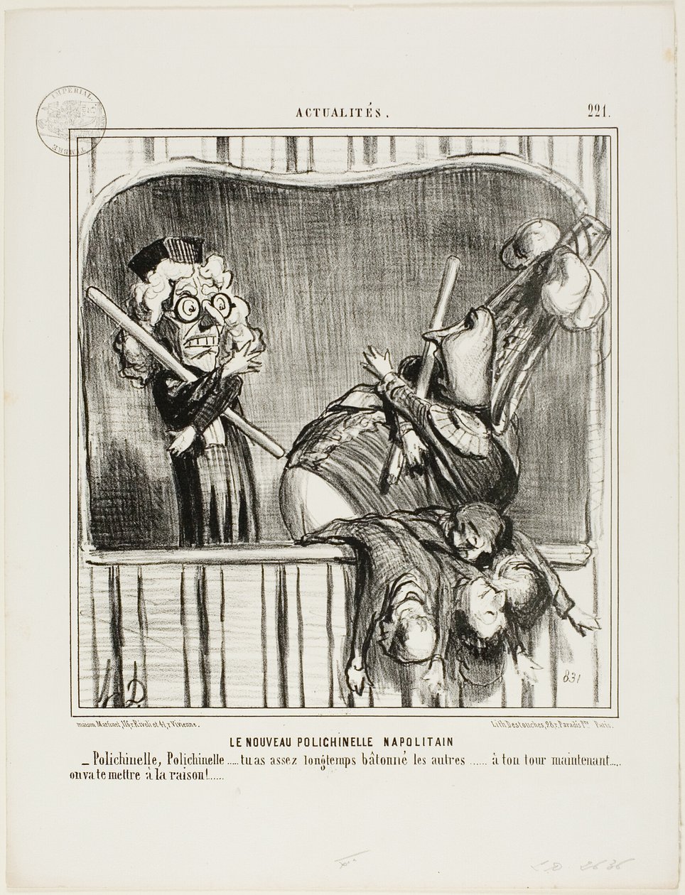 El nuevo bufón napolitano. "- Polichinela, Polichinela, ya has atizado bastante a los demás... ahora te toca a ti. Te haremos entrar en razón...", plato 221 de Actualités de Honoré Victorin Daumier