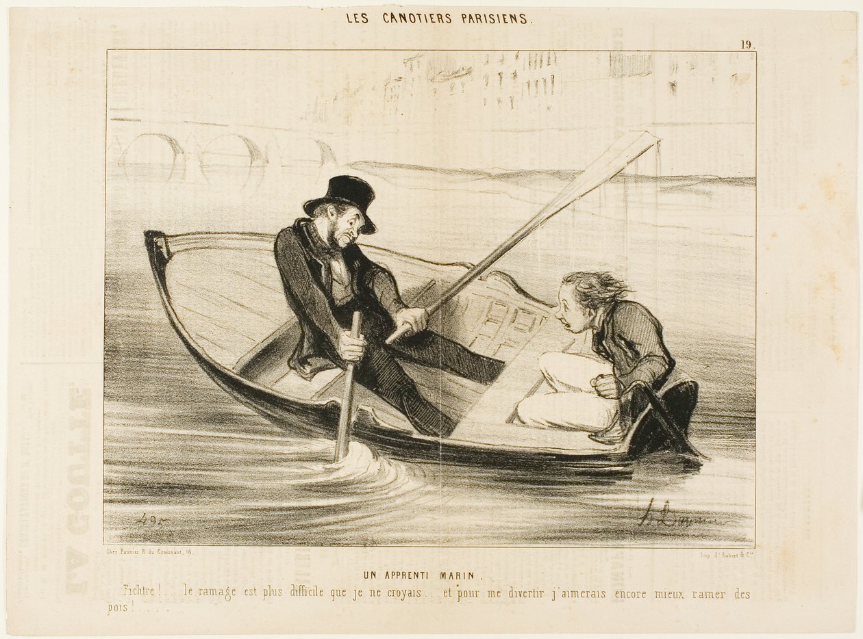 El marinero novato. "Diablo... ¡remar es mucho más difícil de lo que pensaba! Y para disfrutar de verdad prefiero pegarme guisantes", lámina 19 de Les Canotiers Parisiens. de Honoré Victorin Daumier