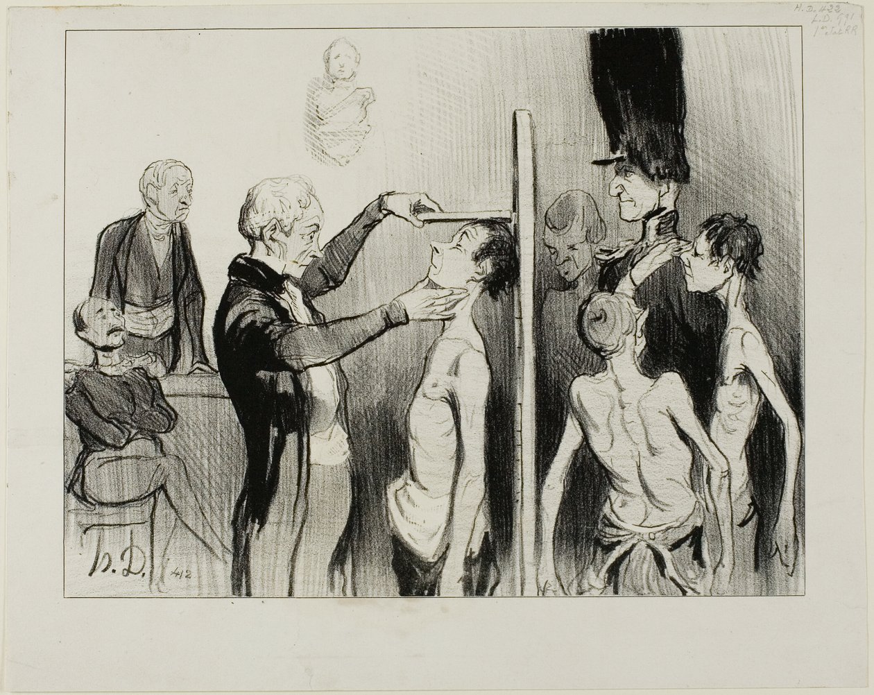 La Junta de Reclutamiento. "¿No es un espectáculo glorioso: estos nobles jóvenes franceses llenos de ardor, fuerza y elegancia dispuestos a defender su honor bajo las banderas de Marte", lámina 35 de Caricatures Du Jour. de Honoré Victorin Daumier