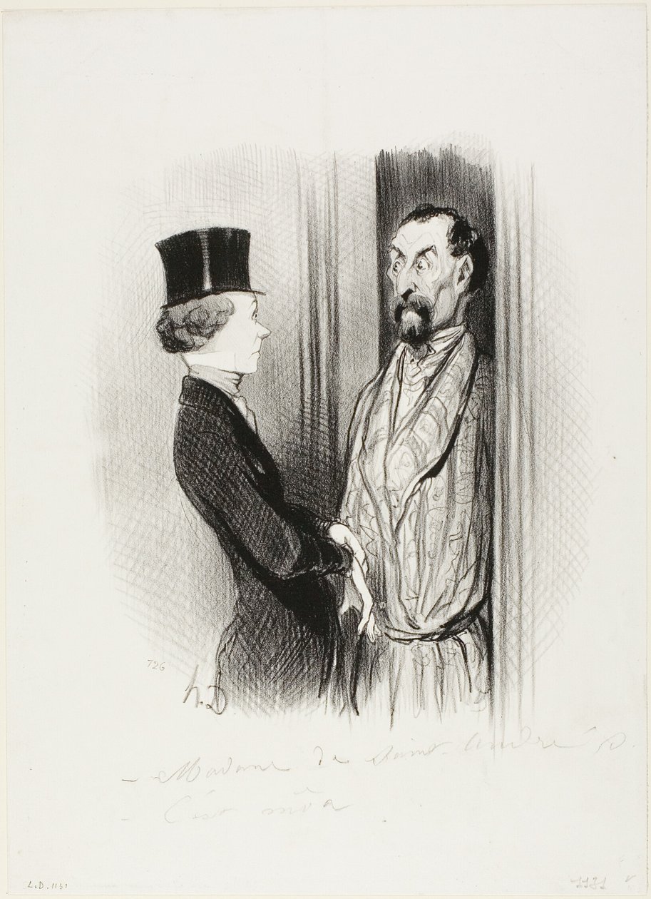 El Rendez-Vous. "- ¿Madame Eudoxie Blancminet - Soy yo, Monsieur... ¿en qué puedo servirle", lámina 44 de Les Beaux Jours De La Vie. de Honoré Victorin Daumier
