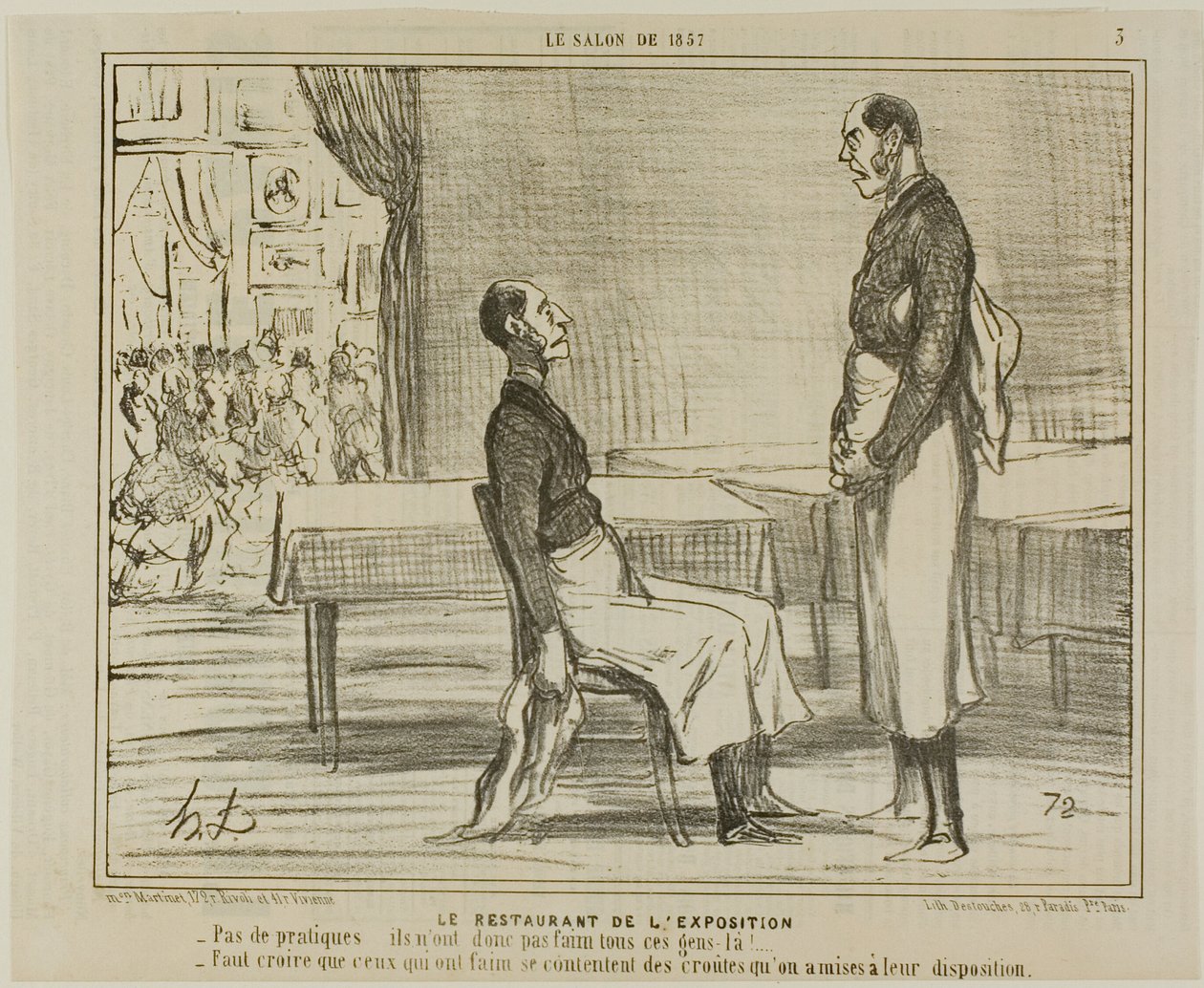 El Restaurante de la Exposición. "- Ningún cliente en absoluto... ¿no tiene hambre esta gente - Supongo que los hambrientos están comiendo los bocadillos que les ofrecieron", plato 3 de Le Salon De 1857 de Honoré Victorin Daumier