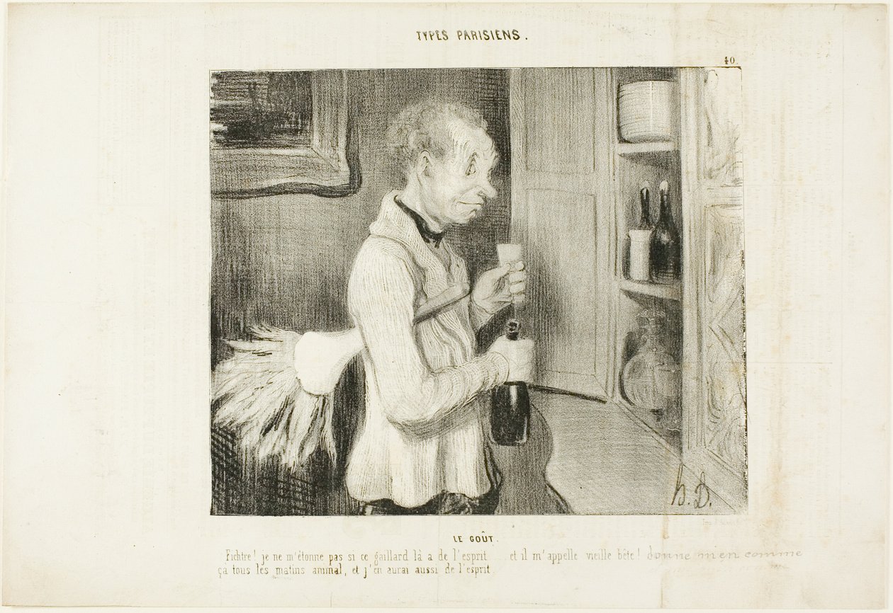 El Gusto. "¡Vaya! Ya no me sorprende por qué este tipo está tan animado... ¡y me llama vieja bestia! Déjame tomar uno de estos cada mañana, y yo también estaré lleno de espíritu", plato 40 de Types Parisiens de Honoré Victorin Daumier