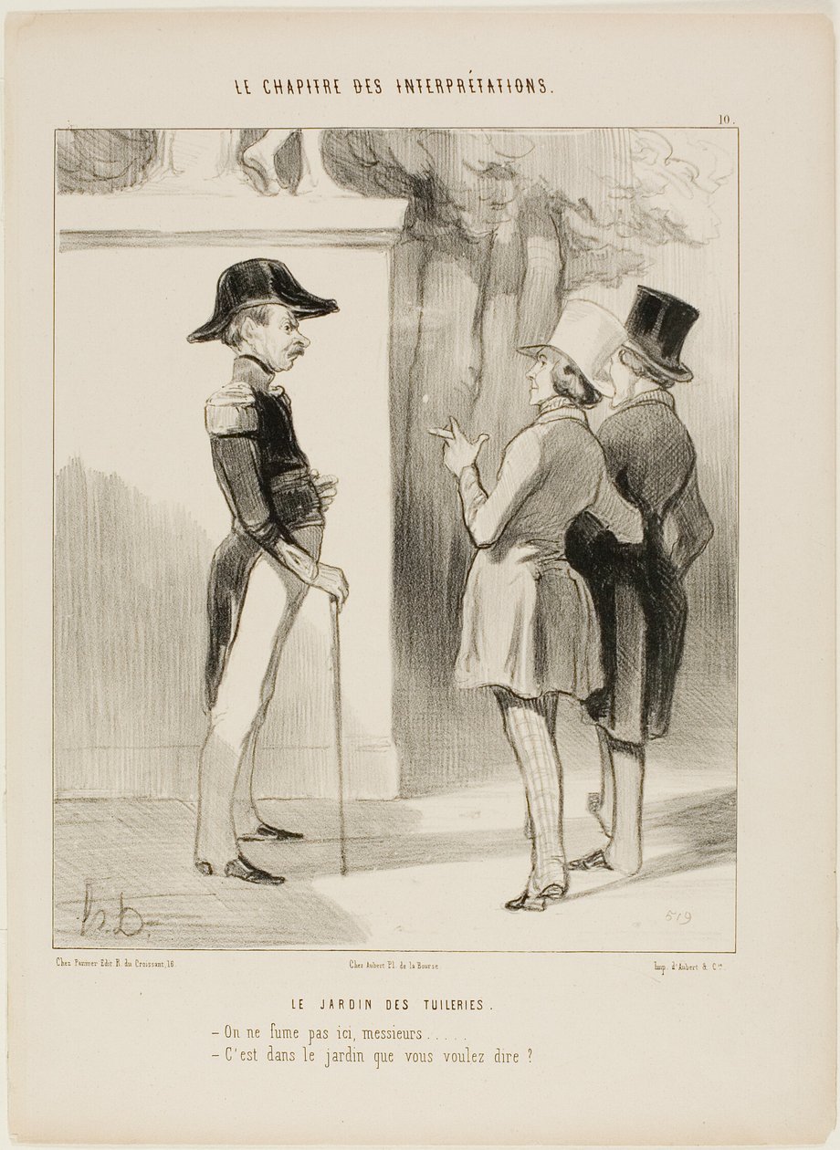 Los Jardines de las Tullerías. "- ¡Aquí no se fuma, señor! - ¿Quiere decir en el jardín", lámina 10 de Le Chapitre Des Interprétations de Honoré Victorin Daumier