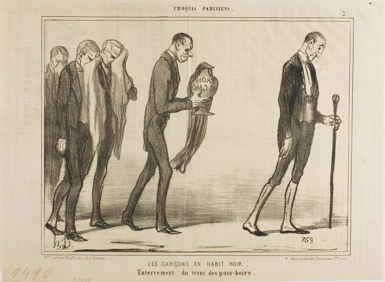 El camarero de traje negro. Funeral de la caja de propinas, lámina 2 de Croquis Parisiens de Honoré Victorin Daumier