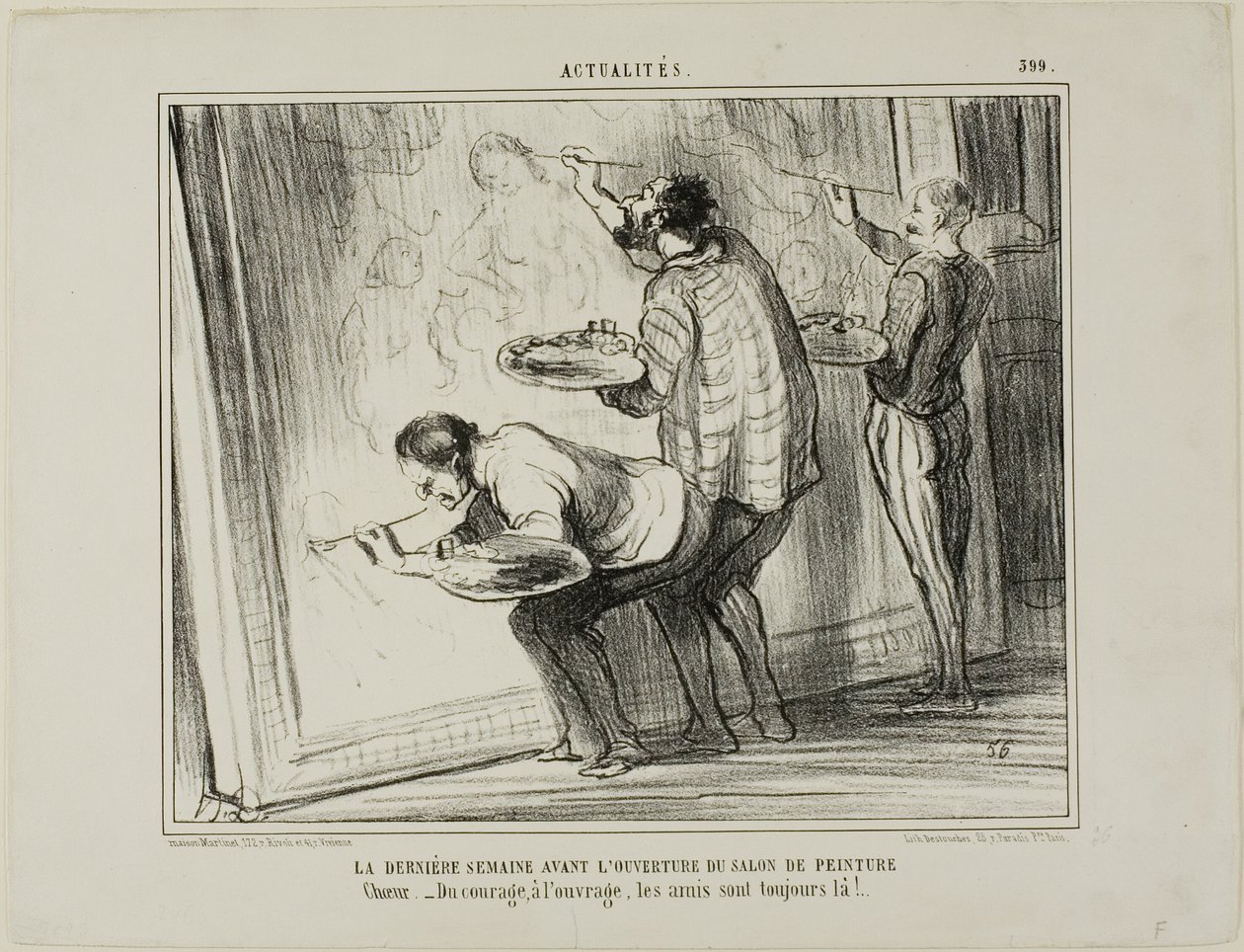 La Semana Antes De La Inauguración De La Exposición De Arte. Coro: "- ¡Ánimo, acabemos el trabajo! Para eso están los amigos", plato 399 de Actualités de Honoré Victorin Daumier